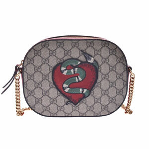 GUCCI Chain Shoulder Bag Holiday Collection Beige Red GG Supreme Canvas